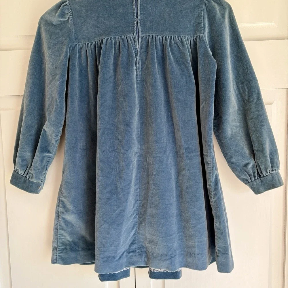 Vintage Girls Blue Velvet Dress Size 6X Embroidery Peter Pan Collar USA